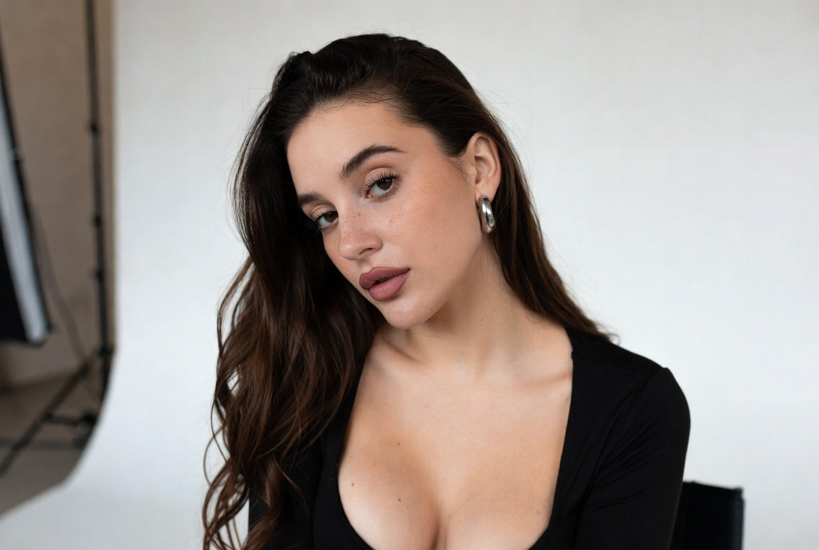 Mujer con cabello ondulado y blusa negra en estudio minimalista, estilo atemporal y sin esfuerzo