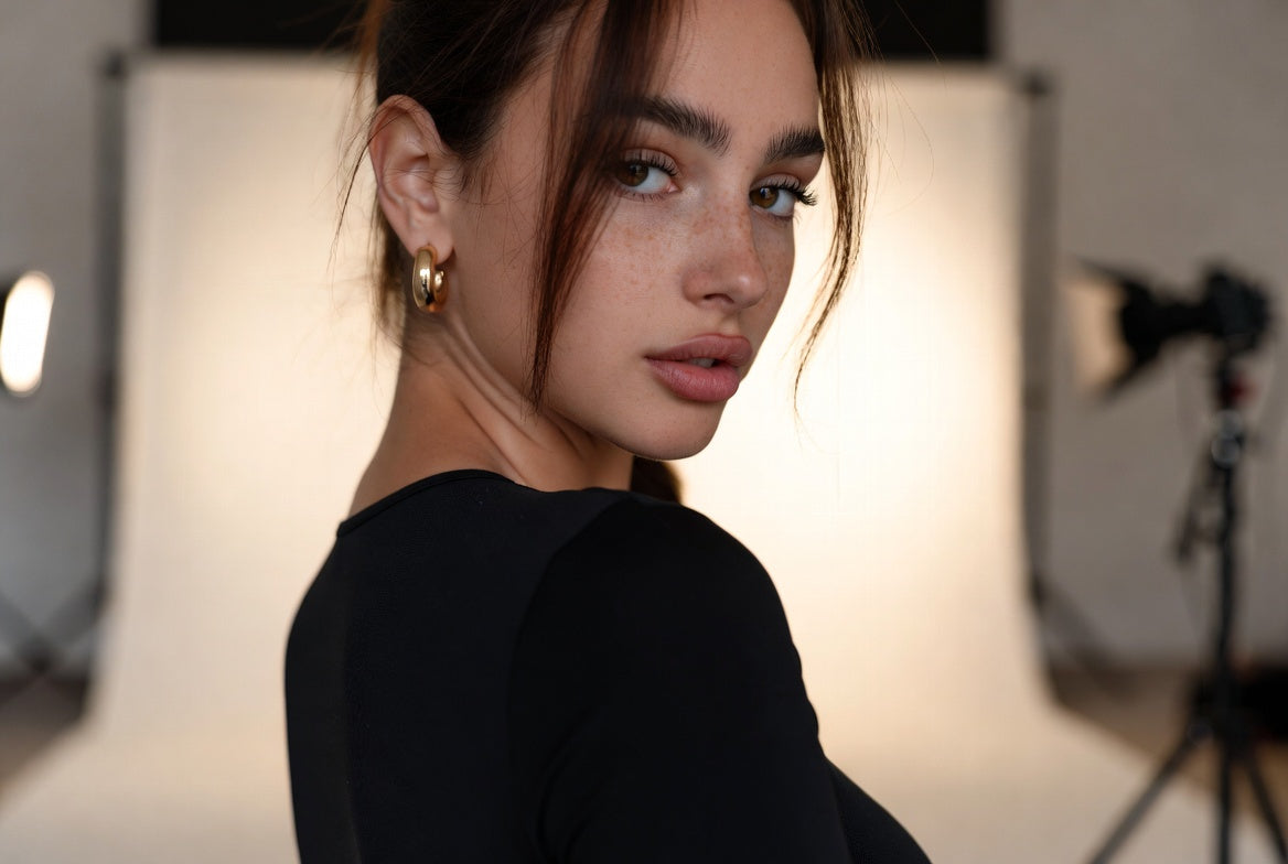 Mujer con aretes dorados y blusa negra en estudio, estilo minimalista y atemporal