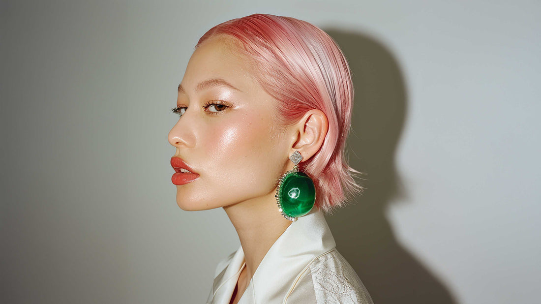 Mujer con cabello rosa y pendientes verdes, estilo minimalista y atemporal
