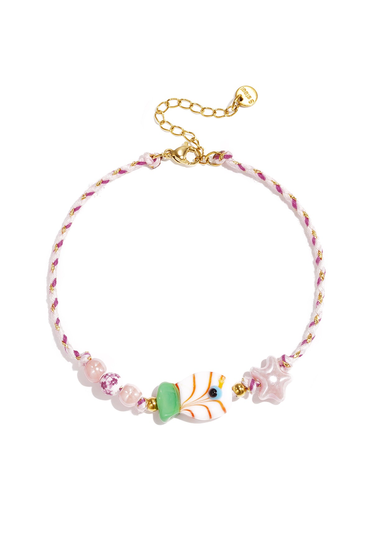 Tobillera con motivo de cuerda, peces y cuentas en forma de estrella.